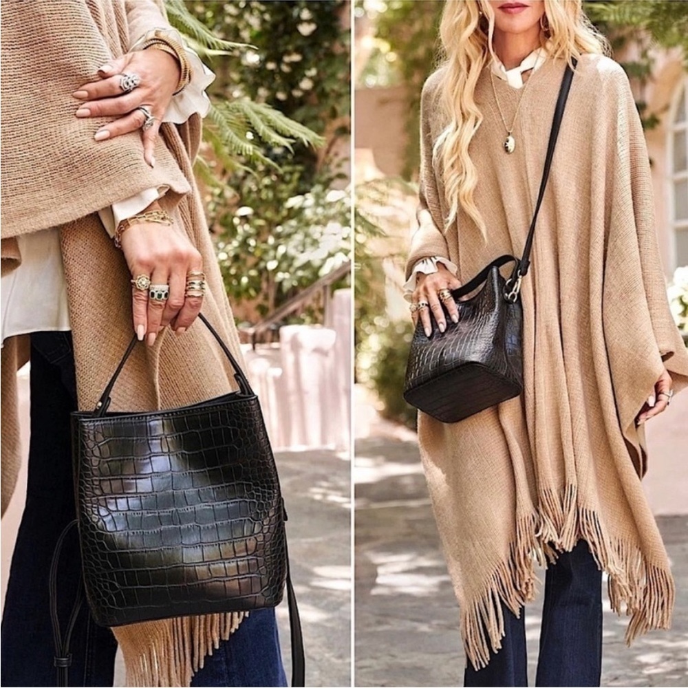 NEW AOTA Black Crocodile Vegan Leather Crossbody Bucket Bag